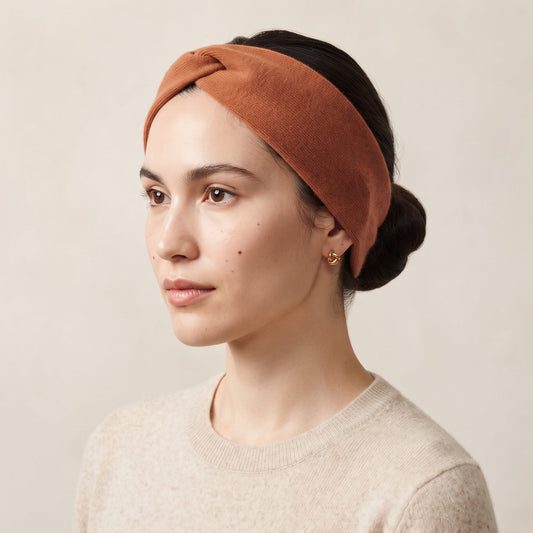 Gomba twisted-front cashmere headband in Amber, worn, view 2
