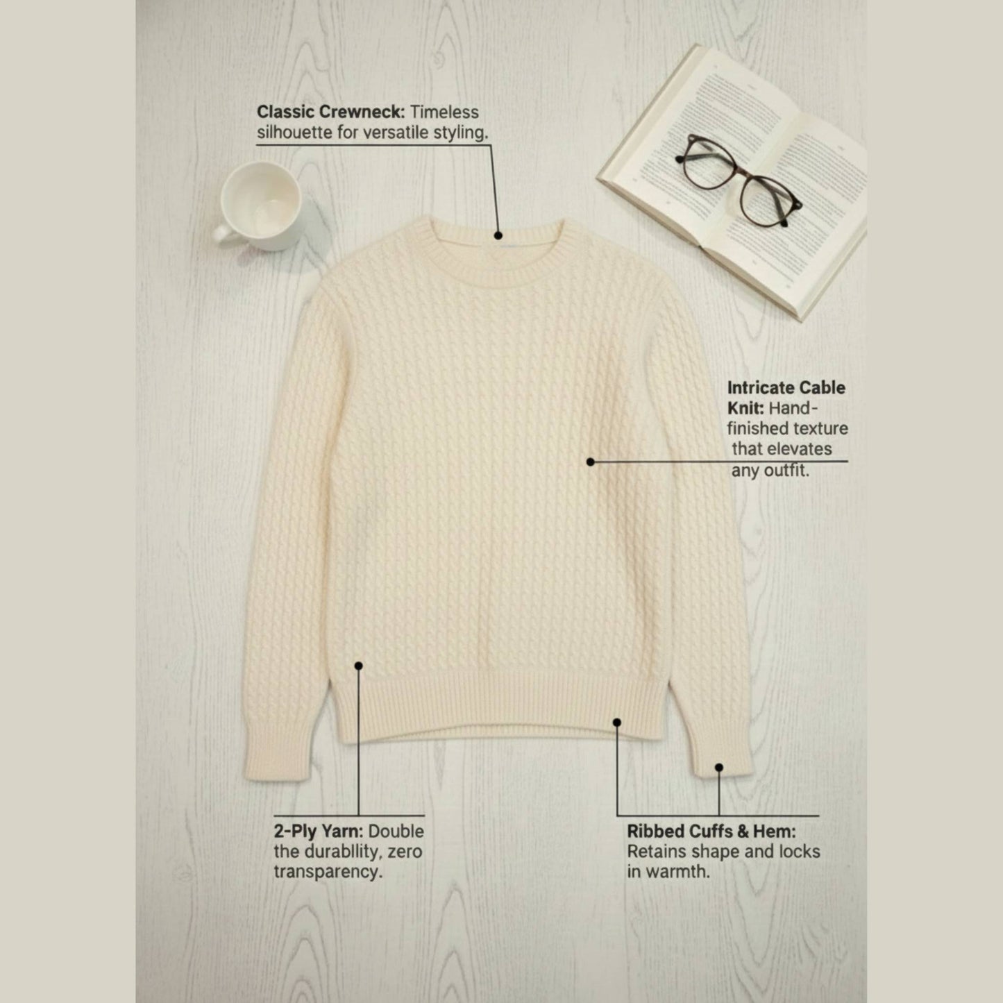 Grace Cable-Knit Cashmere Crewneck | 100% Pure Himalayan Women's Sweater