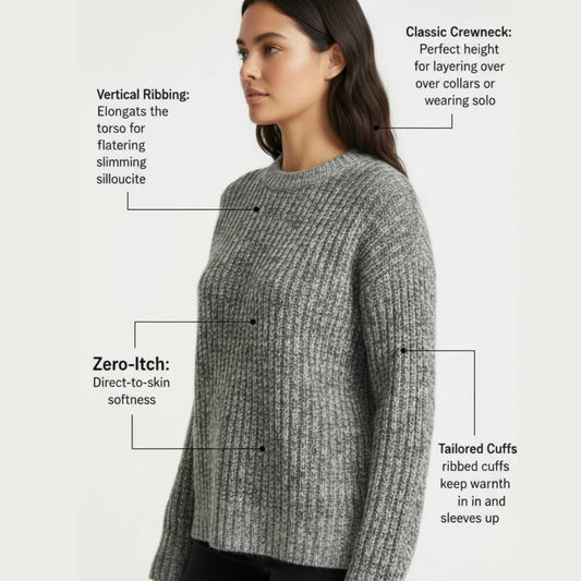Ella Ribbed Cashmere Crewneck | 100% Pure Himalayan Women's Sweater