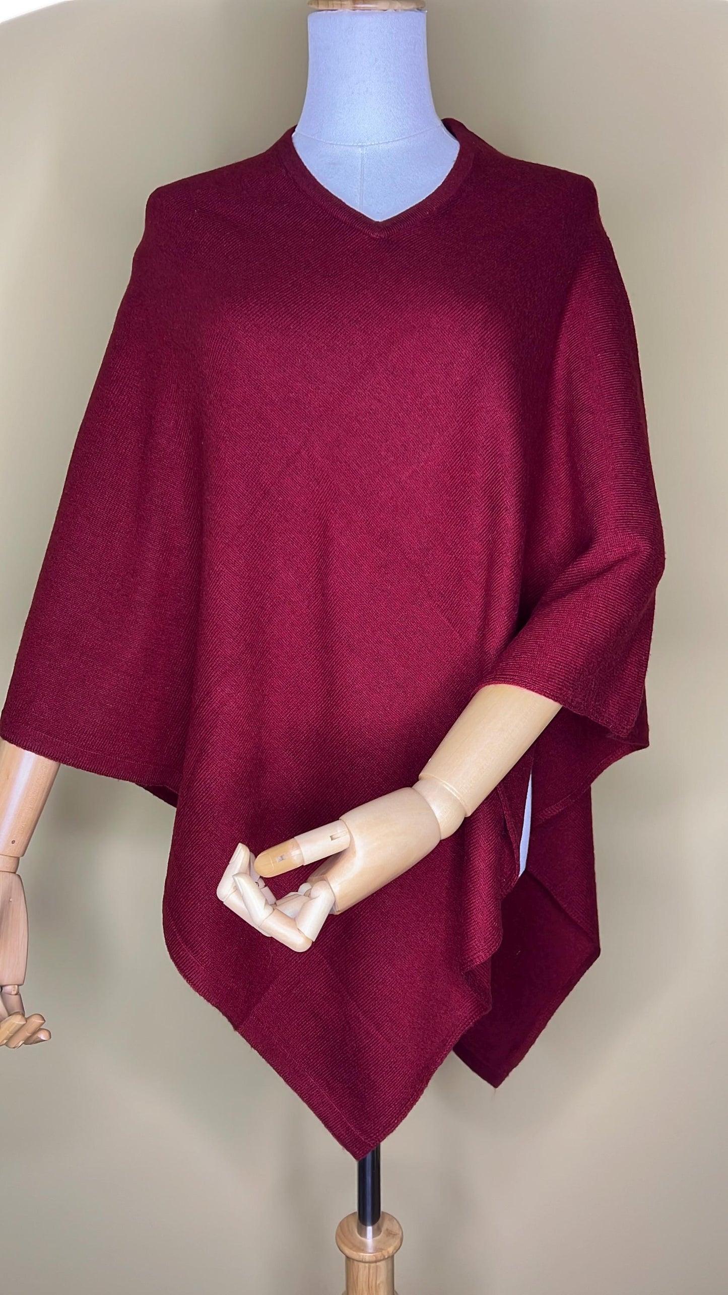 100% Pure Himalayan Cashmere Pashmina Poncho - Mustang Collection Ruby Red