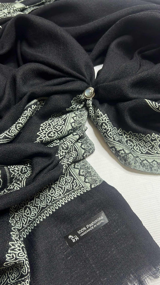 NPIA Certified 100% Pure Himalayan Cashmere Pashmina Shawl - Mustang Midnight Black