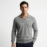 Pure Cashmere Polo Sweater | Men's Johnny Collar | 250g Himalayan Cashmere | Handcrafted in Nepal | Lumusae - Heather Gray