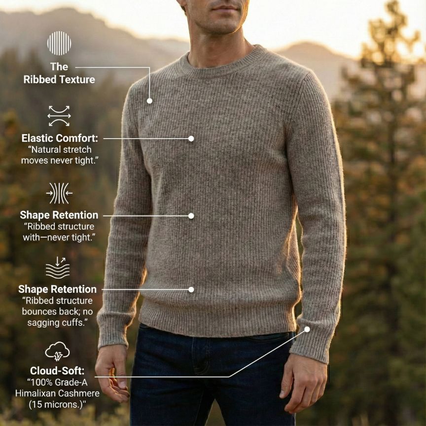 Man wearing a gray sweater with text highlighting features, outdoors.
