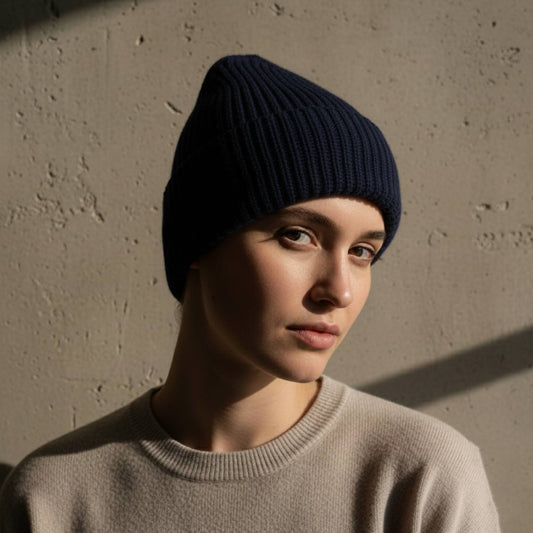 The Noma | 100% Pure Himalayan Cashmere Hand-Knit Beanie | 3-Ply Luxury Ribbed Hat Dark Navy