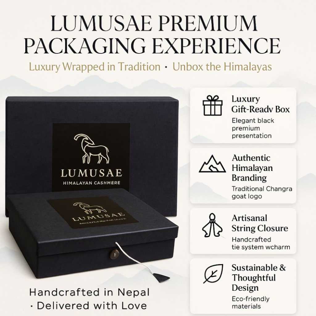 Premium packaging of Oat 2-Ply 16 Micron Hand-Finished Luxury Himalayan Cashmere Mustang Hoodie