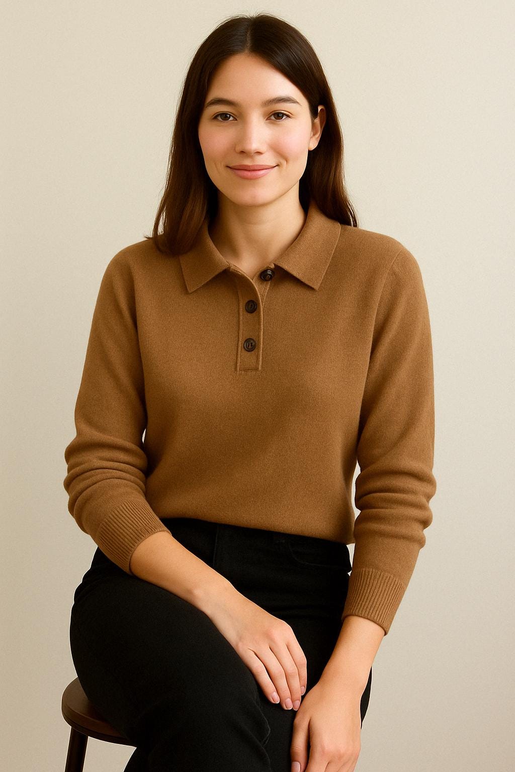 100% Pure Himalayan Cashmere Polo Sweater - Annapurna Collection Camel Brown