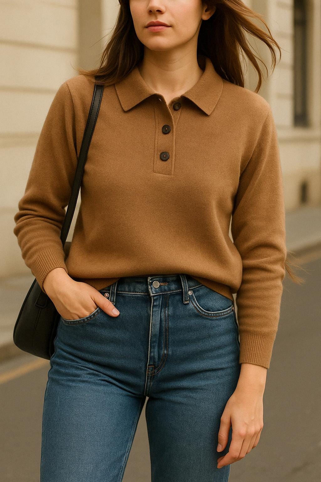 100% Pure Himalayan Cashmere Polo Sweater - Annapurna Collection Camel Brown