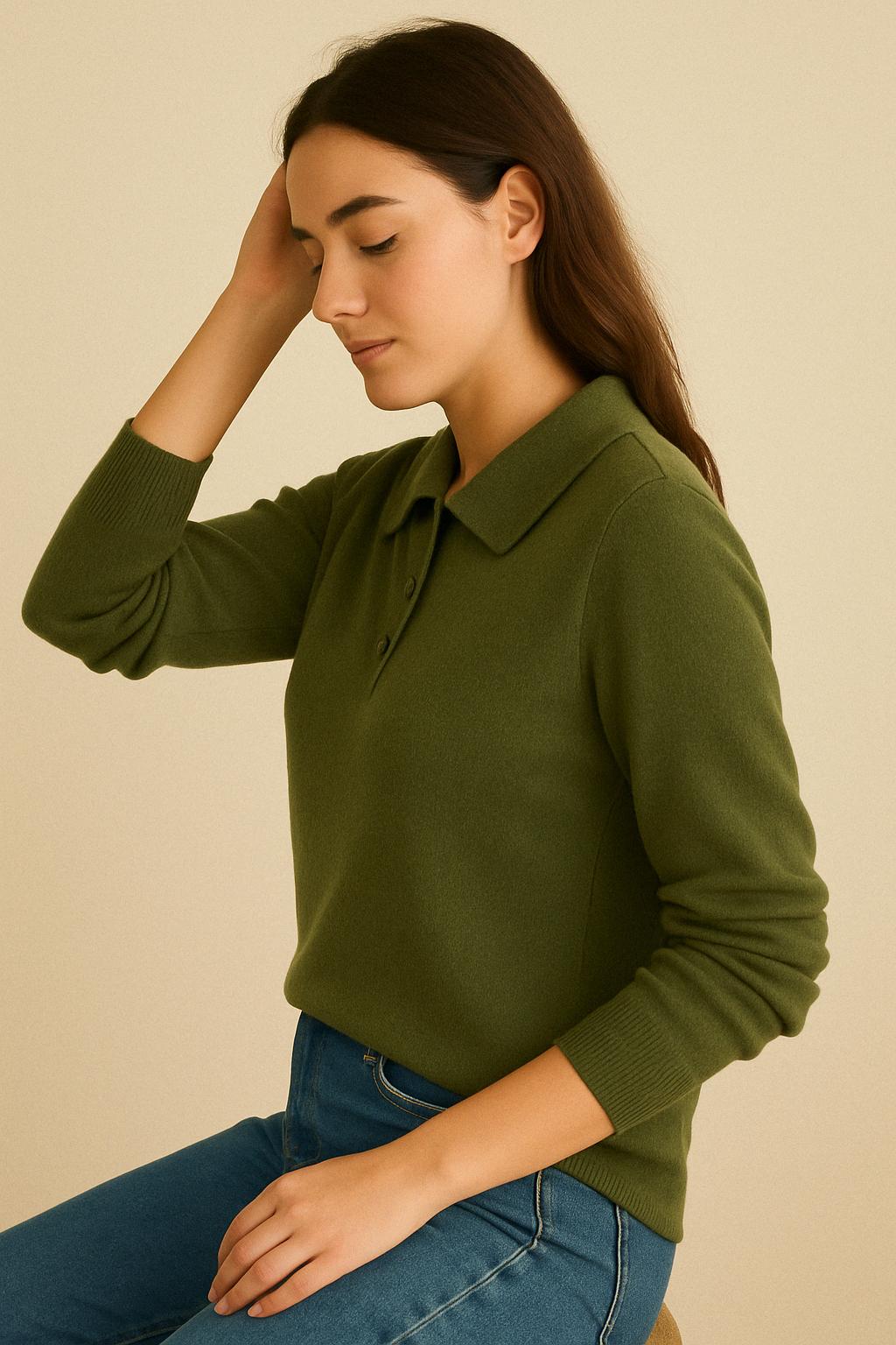 100% Pure Himalayan Cashmere Polo Sweater - Mustang Collection Sage Green