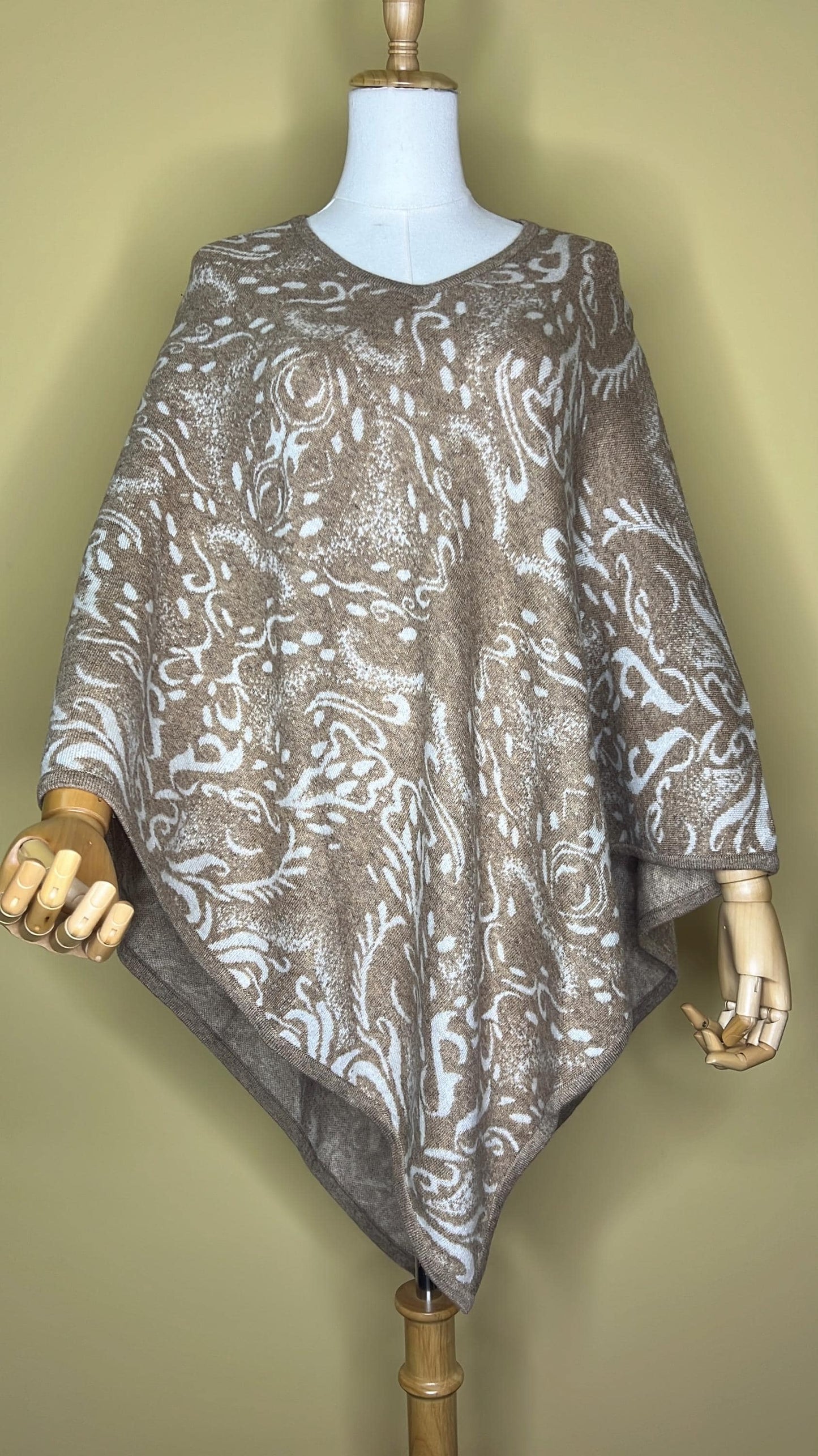 100% Pure Himalayan Cashmere Pashmina Poncho - Mustang Collection Skin Brown Paisley