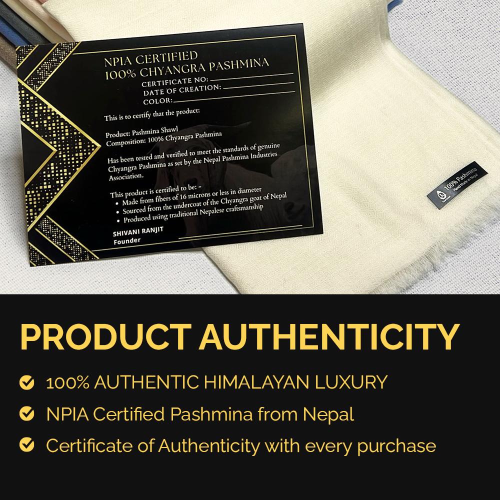 NPIA Certified 100% Pure Himalayan Cashmere Pashmina Shawl - Mustang Everest White - Lumusae