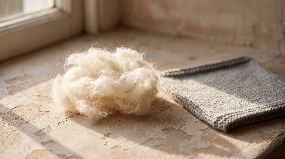 Raw undyed cashmere fibre beside a finished knitted cashmere swatch on a plaster surface