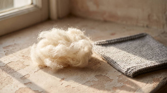 Raw undyed cashmere fibre beside a finished knitted cashmere swatch on a plaster surface