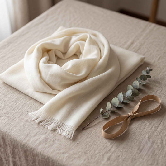 Mustang Everest White pure Himalayan cashmere pashmina shawl, handwoven in Nepal, styled as a gift