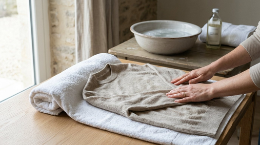 Damp oat cashmere sweater reshaped flat on a towel beside a basin of cool water