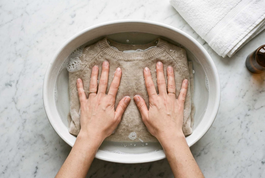 Hands gently pressing an undyed cashmere sweater in a basin of cool water