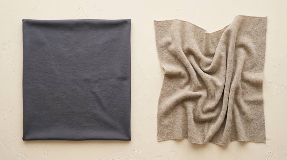 Tightly compressed technical stretch knit beside a loosely draped cashmere shawl