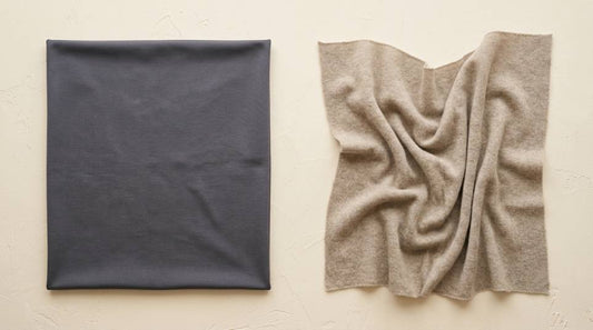 Tightly compressed technical stretch knit beside a loosely draped cashmere shawl