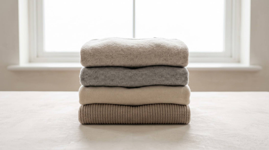 Stack of folded knitwear in muted natural tones on a pale surface
