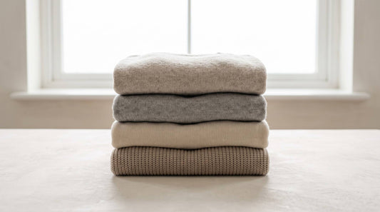 Stack of folded knitwear in muted natural tones on a pale surface