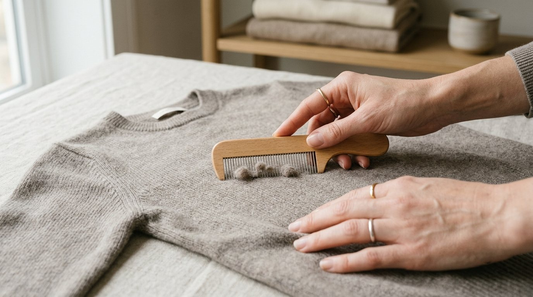 Hands using a wooden cashmere comb to lift pilling from a grey cashmere knit laid flat