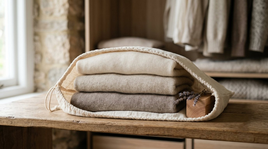Folded undyed Himalayan cashmere jumpers in a cotton storage bag with a cedar block and dried lavender