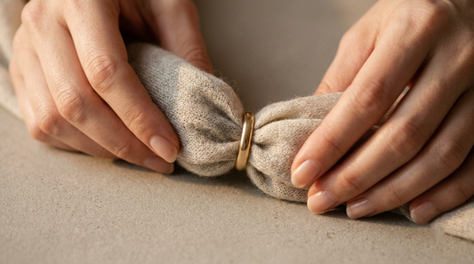 A fine undyed Himalayan pashmina shawl being drawn through a ring to show its authentic quality