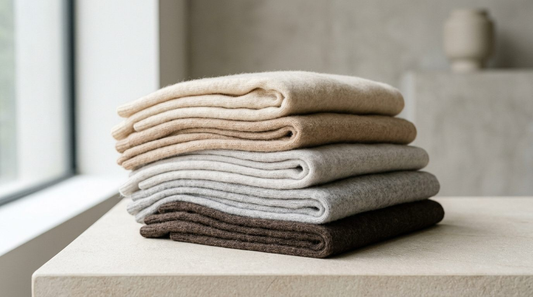Folded undyed Himalayan cashmere in its natural oat, beige, grey and brown shades