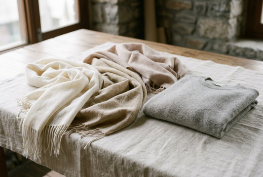 Undyed Himalayan cashmere pashmina shawls in natural ivory, oat and fawn tones beside a folded grey cashmere sweater