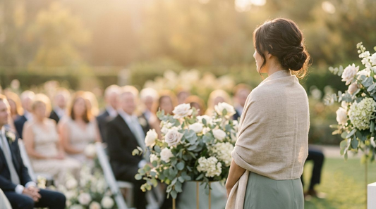 A wedding guest wearing an undyed Himalayan cashmere shawl draped over her shoulders at an outdoor garden ceremony