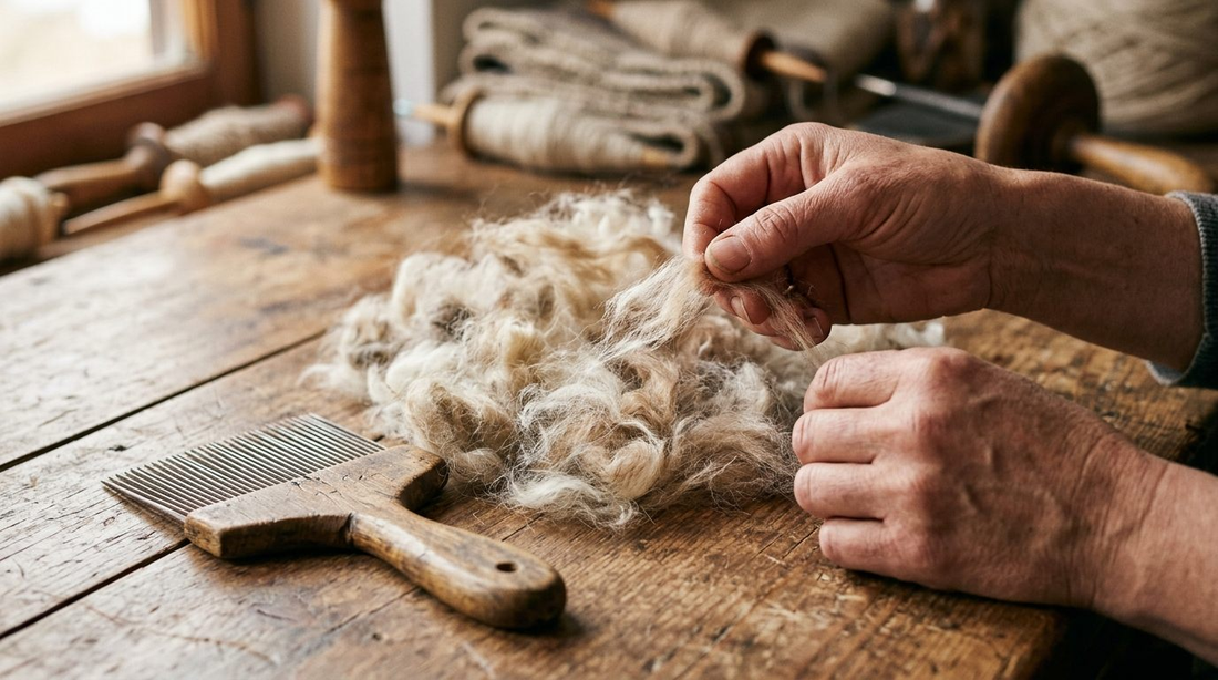 Hands hand-sorting raw undyed Himalayan cashmere fibre with a comb on a wooden table