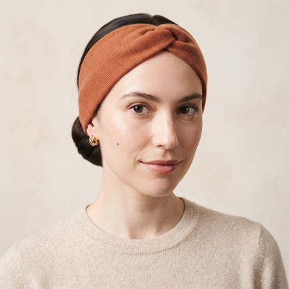 Gomba twisted-front cashmere headband in Amber, worn, view 1