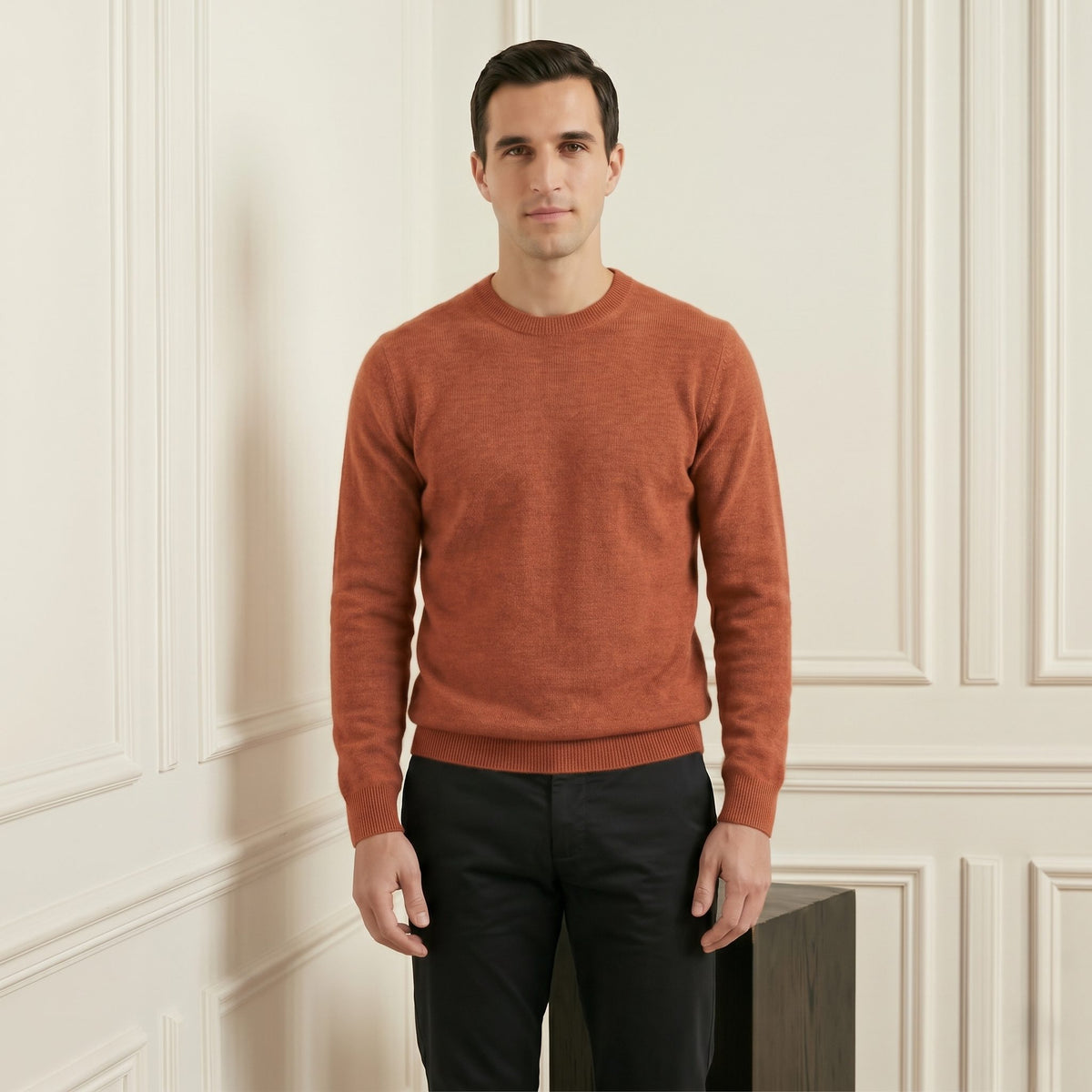 Amber men's 100% cashmere crewneck sweater - front view on model