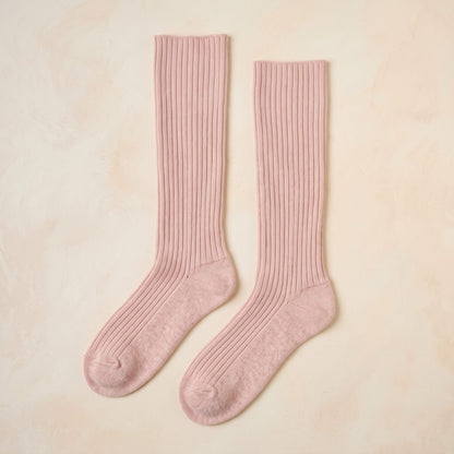 Blush Pink women's 100% cashmere knee-high socks - pair shown flat