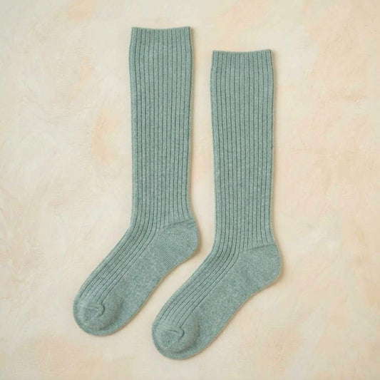Heathered Jade women's 100% cashmere knee-high socks - pair shown flat