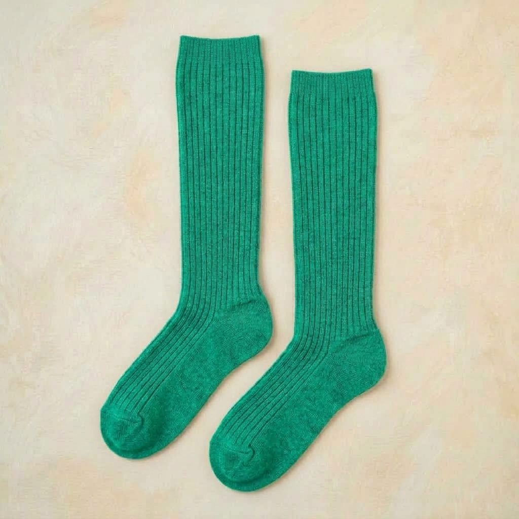 Kelly Green women's 100% cashmere knee-high socks - pair shown flat