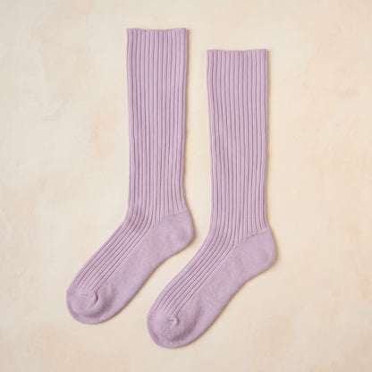 Lilac women's 100% cashmere knee-high socks - pair shown flat