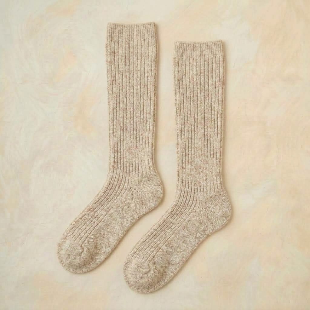Oatmeal Melange women's undyed cashmere knee-high socks - pair shown flat