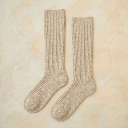 Oatmeal Melange women's undyed cashmere knee-high socks - pair shown flat