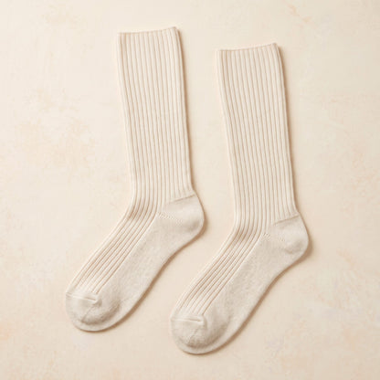 Off-White women's 100% cashmere knee-high socks - pair shown flat