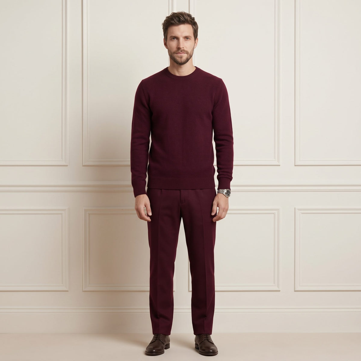 Wine Red men's 100% cashmere crewneck sweater - front view on model