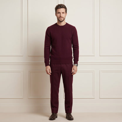 Wine Red men's 100% cashmere crewneck sweater - front view on model