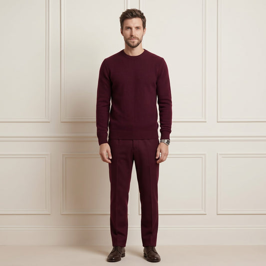 Wine Red men's 100% cashmere crewneck sweater - front view on model