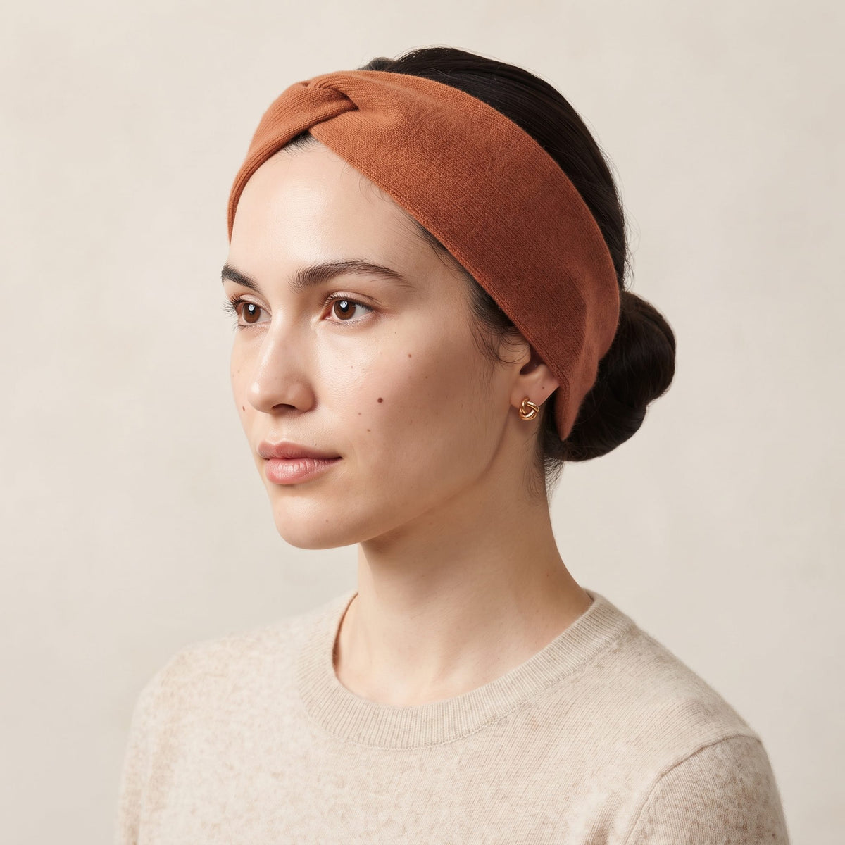 Gomba twisted-front cashmere headband in Amber, worn, view 2