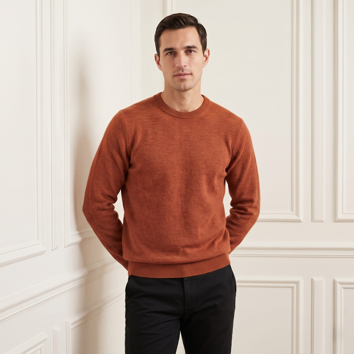 Amber men's 100% cashmere crewneck sweater - front view, close crop