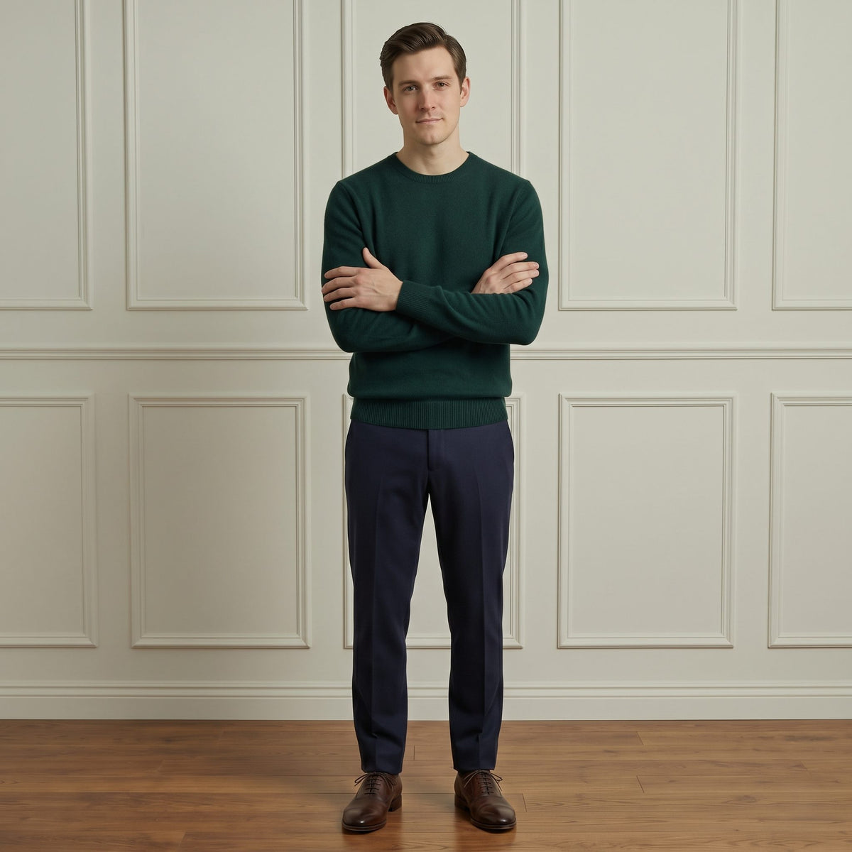 Pine men's 100% cashmere crewneck sweater - front view, arms folded