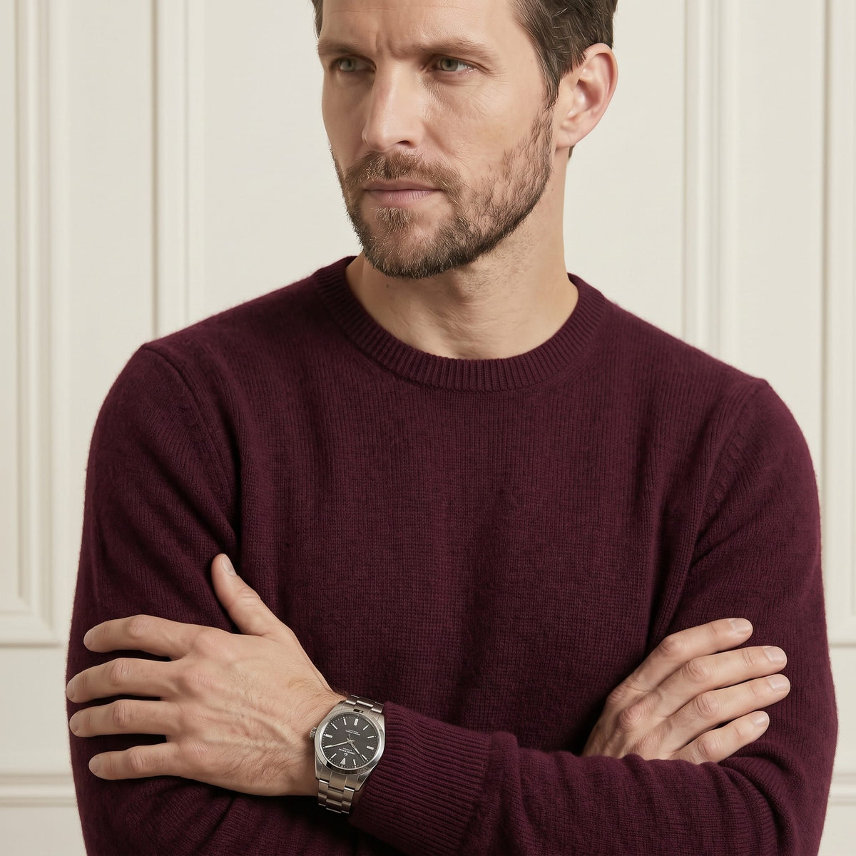 Wine Red men's 100% cashmere crewneck sweater - front view, arms folded