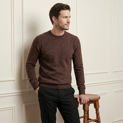 Brown men's 100% cashmere crewneck sweater - front view, standing beside stool