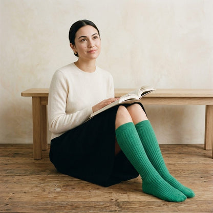 Kelly Green women's 100% cashmere knee-high socks - worn by a model, view 1