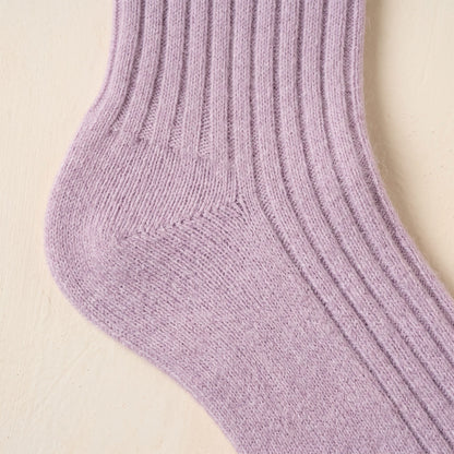 Lilac women's 100% cashmere knee-high socks - worn by a model, view 1