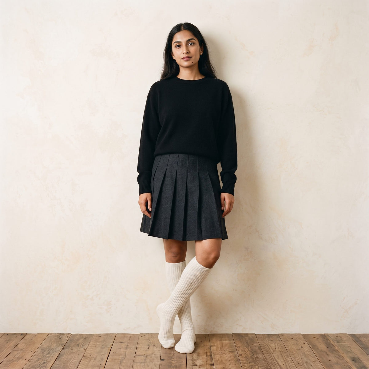 Off-White women's 100% cashmere knee-high socks - worn by a model, view 1